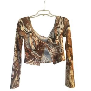 VGUC Bailey Rose Brown/Multi Print Crop Top Long Sleeve Slit Front Size Medium